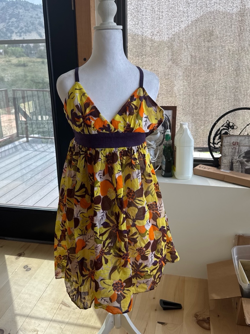 Milly Yellow Multicolor Floral Dress with Dark Waistband